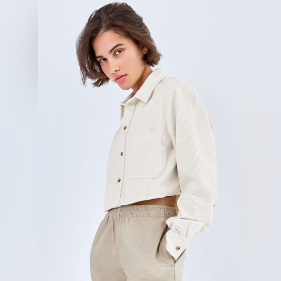 TNA Aritzia Corduroy Union Cropped Button Up Long Sleeve Blouse Dusky Green - Picture 4 of 15